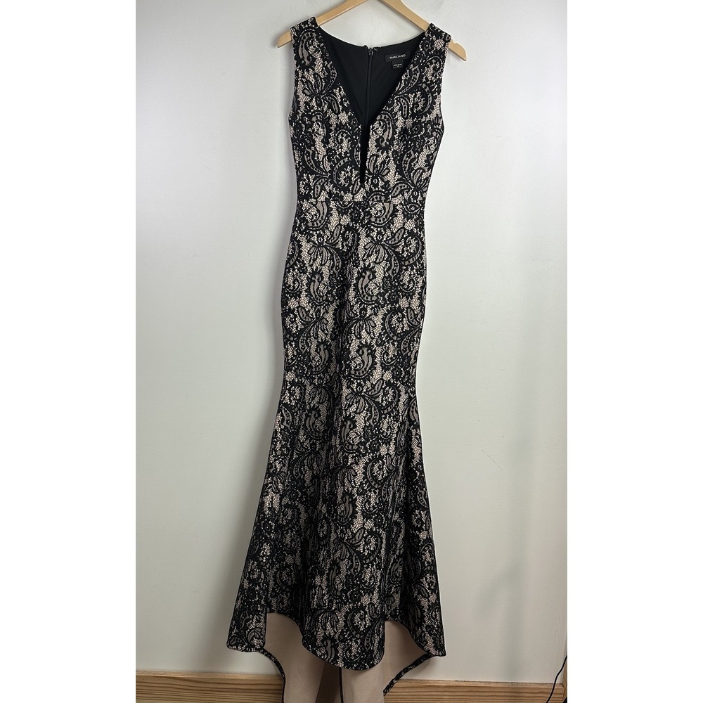 Marciano Size XS Black & Nude Lace Mermaid Maxi Dress Gown V Neck Formal Party